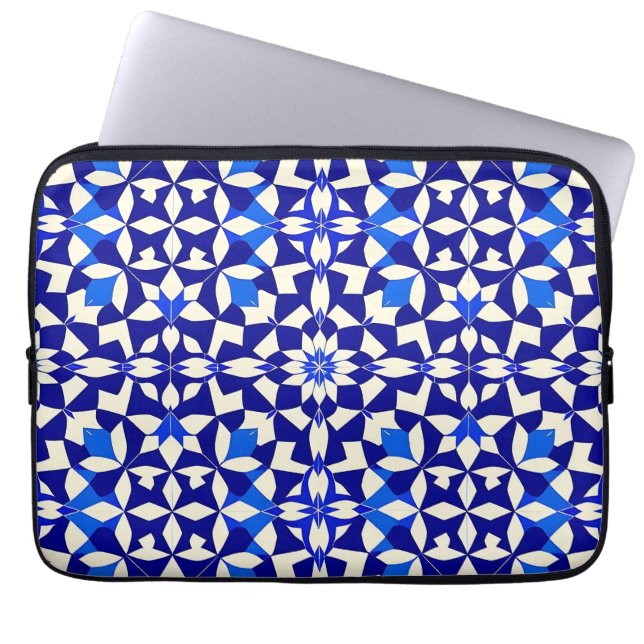 Navy Blue Geometric Floral Pattern Laptop Sleeve (Front)