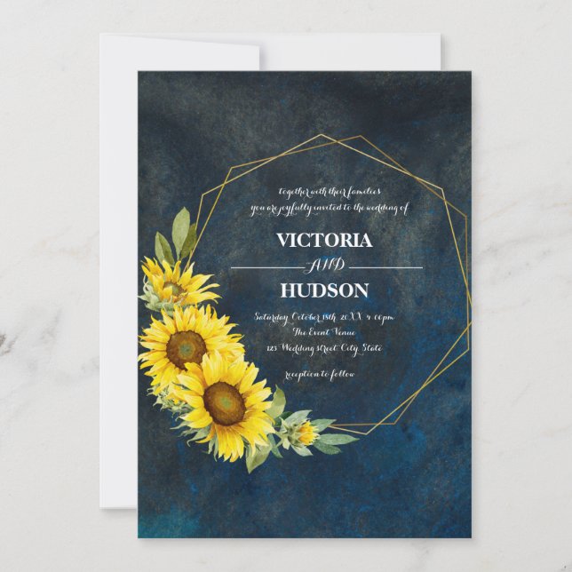 Navy Blue & Geometric Gold Sunflowers Invitation (Front)
