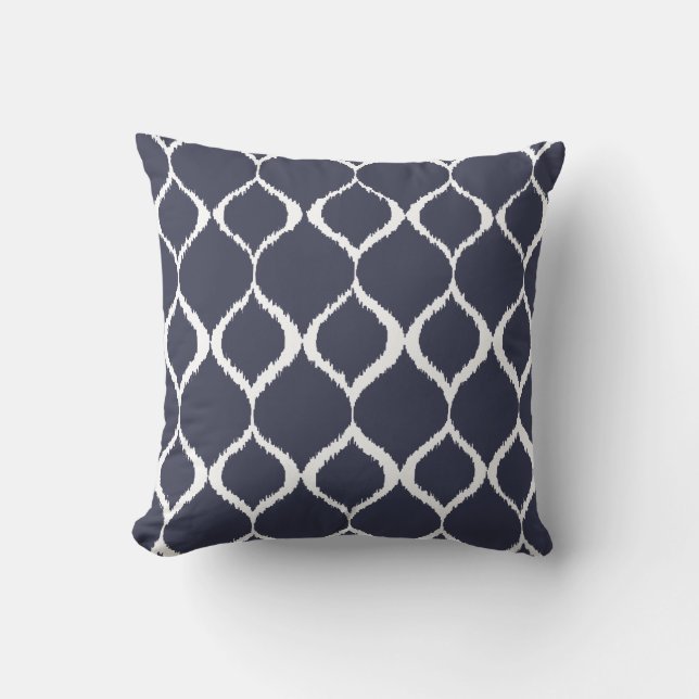 Navy Blue Geometric Ikat Tribal Print Pattern Throw Pillow (Front)