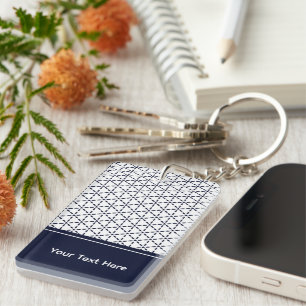 Navy Blue Geometric Pattern on White Keychain