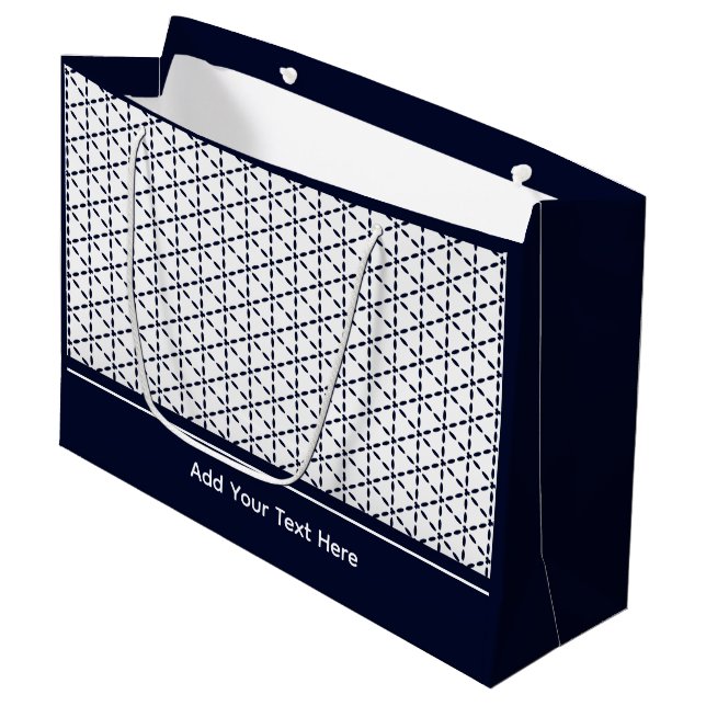 Navy Blue Geometric Pattern on White Large Gift Bag (Front Angled)