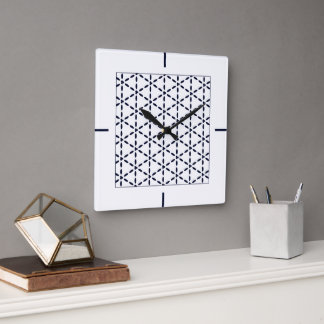 Navy Blue Geometric Pattern on White Square Wall Clock