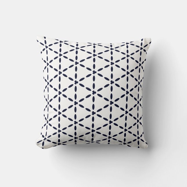 Navy Blue Geometric Pattern on White Throw Pillow (Front)