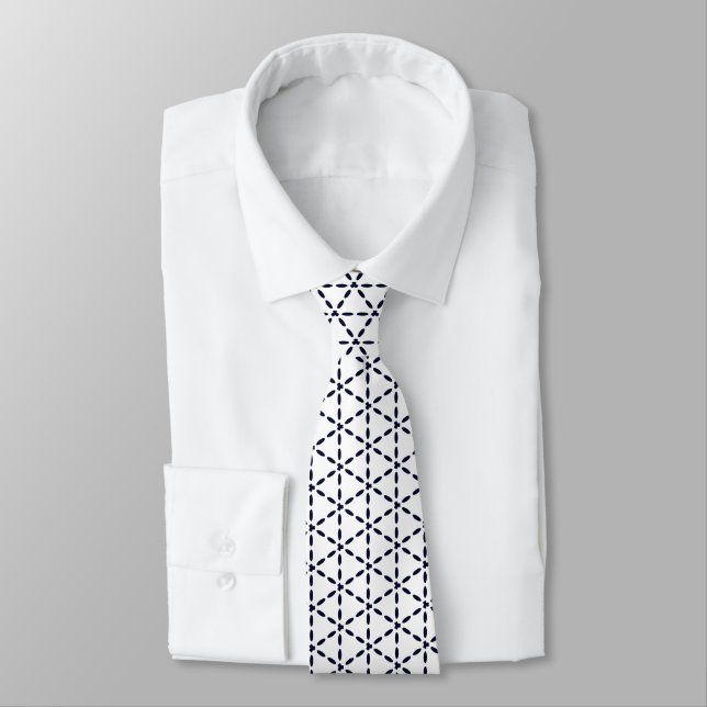 Navy Blue Geometric Pattern on White Tie (Tied)