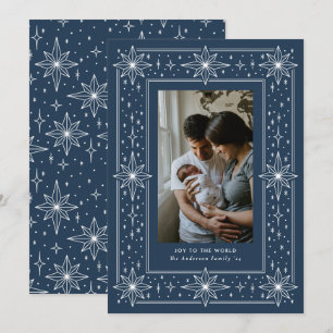 Navy Blue geometric star border Christmas Photo Holiday Card
