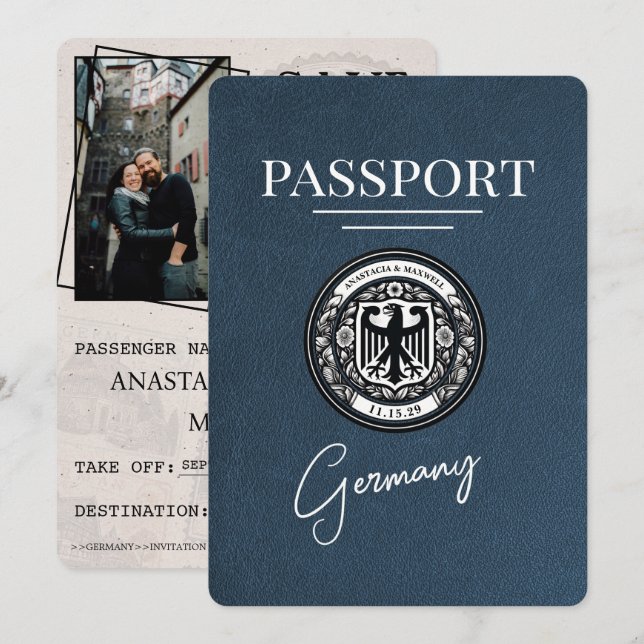 Navy Blue Germany Passport Save The Date (Front/Back)