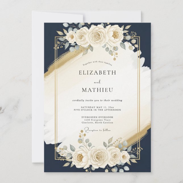 Navy Blue Gilded Modern Wedding Invitation (Front)