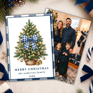 Navy Blue Gingham Bow Christmas Tree Family Photo Holiday Card
