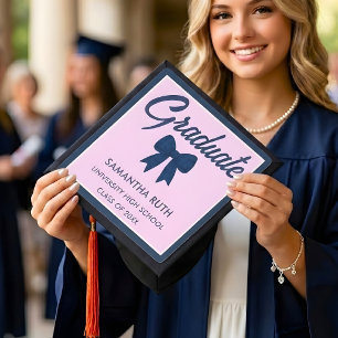 Navy Blue Gingham Bow Graduation Cap Topper
