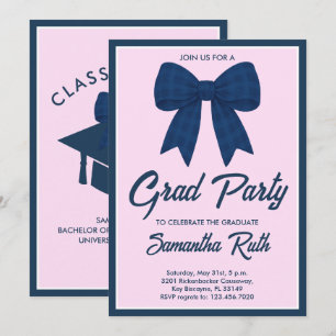 Navy Blue Gingham Bow Graduation Party Invitation