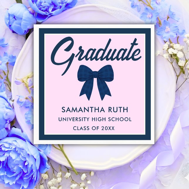 Navy Blue Gingham Bow Graduation Party Napkin (Creator Uploaded)