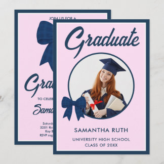 Navy Blue Gingham Bow Photo Graduation Party Invitation