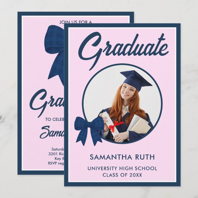 Navy Blue Gingham Bow Photo Graduation Party Invitation (Front/Back)