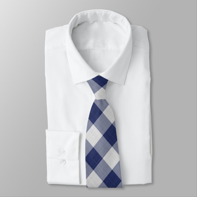 Navy Blue Gingham Check - Diagonal Pattern Tie (Tied)