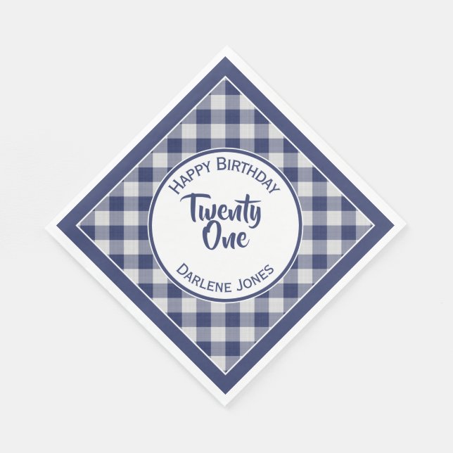 Navy Blue Gingham Checks Pattern Birthday Party Napkin (Corner)
