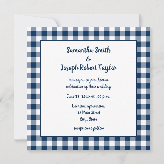 Navy Blue Gingham Country Wedding Invitation (Front)