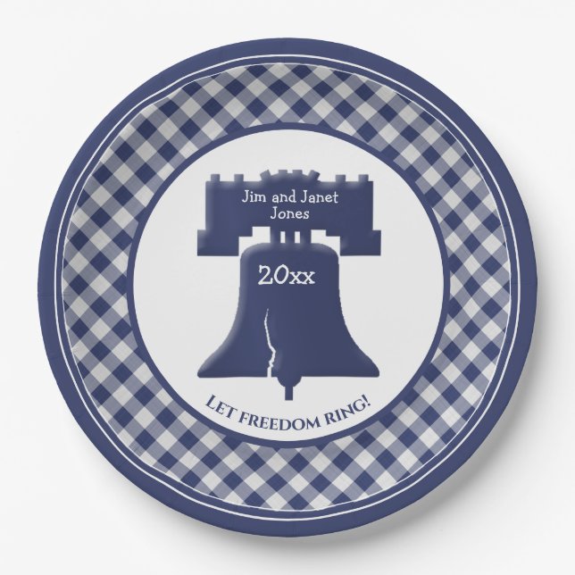 Navy Blue Gingham Liberty Bell Let Freedom Ring Paper Plate (Front)