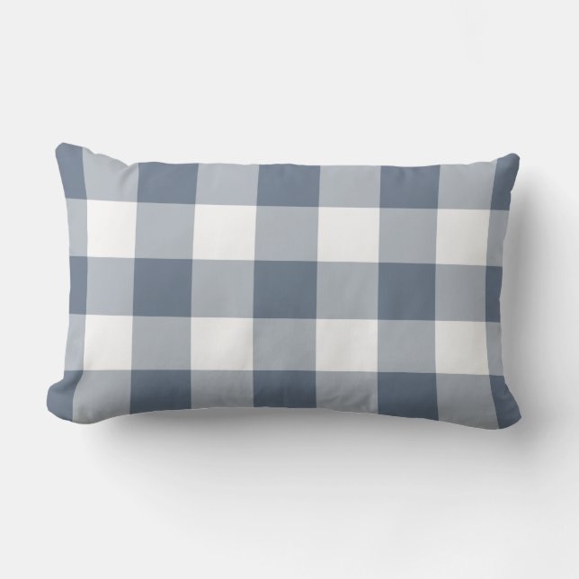 Navy Blue Gingham Pattern Chequered Lumbar Pillow (Front)