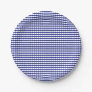 Navy Blue Gingham Pattern Paper Plate