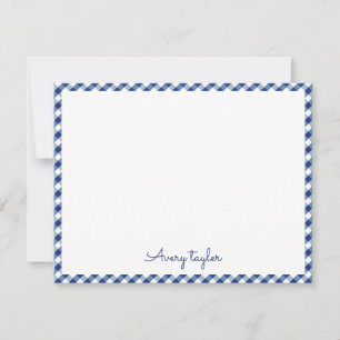 Navy blue gingham pattern personalized Stationery Card