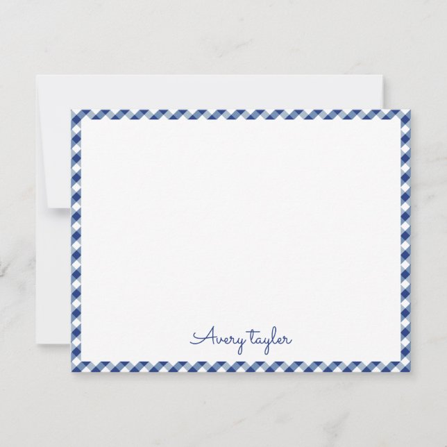 Navy blue gingham pattern personalized Stationery Card (Front)