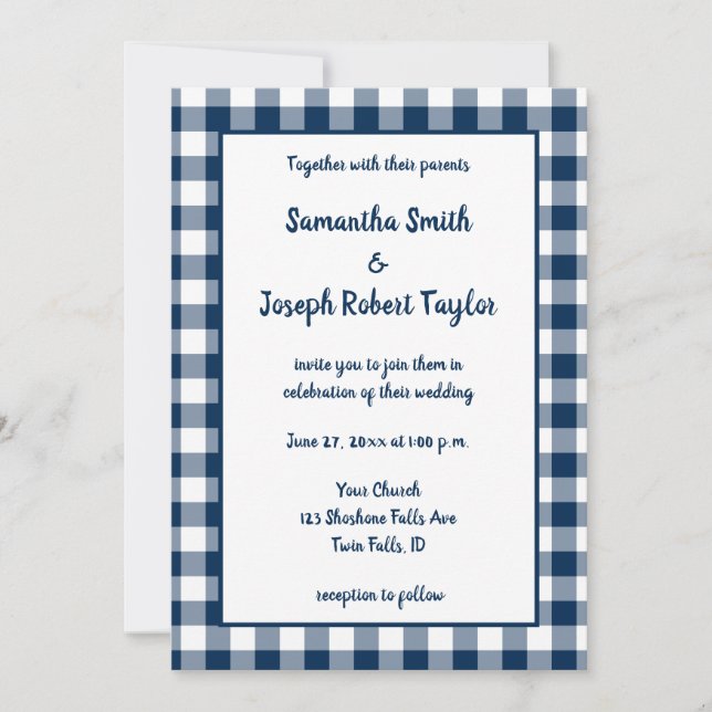 Navy Blue Gingham Pattern Wedding Invitation (Front)