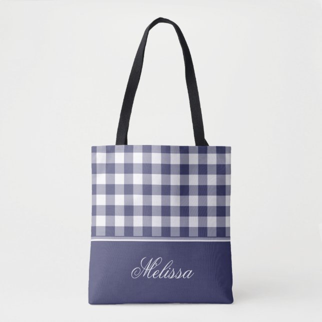 Navy Blue Gingham | Personalized Tote Bag (Front)