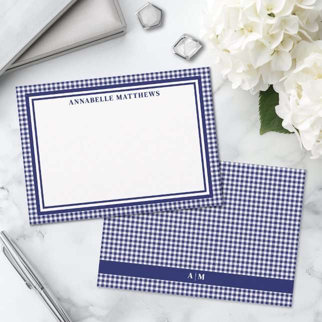 Navy Blue Gingham Plaid Personalized Card (Navy Blue Gingham Plaid Personalized Note Card)