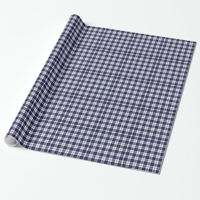 Navy Blue Gingham Plaid Wrapping Paper (Unrolled)