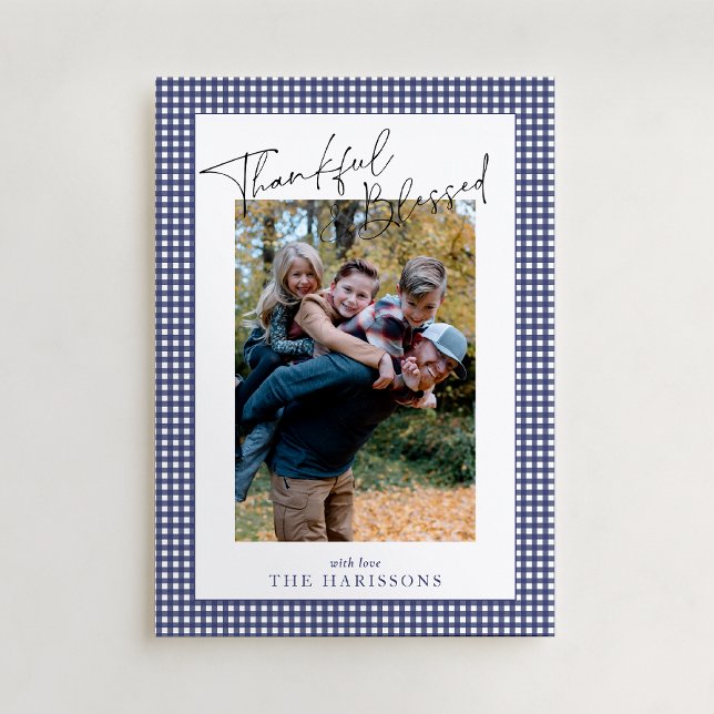 Navy Blue Gingham Thankful & Blessed Thanksgiving  Invitation (Creator Uploaded)