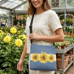 Navy Blue Gingham with Sunflowers Crossbody Bag