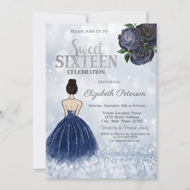 Navy Blue Girl Dress Glitter Bokeh Sweet 16  Invitation (Front)