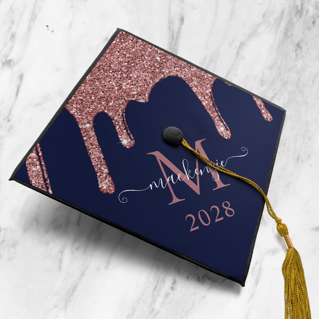 Navy Blue Girly Rose Gold Glitter Drips Monogram Graduation Cap Topper (Creator Uploaded)