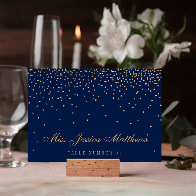 Navy Blue & Glam Gold Confetti Wedding Place Cards (Creator Uploaded)