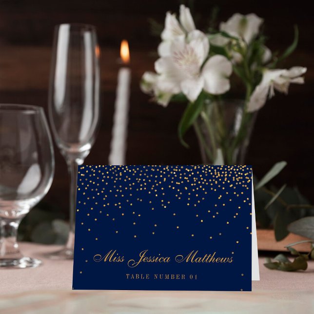 Navy Blue & Glam Gold Confetti Wedding Place Cards (Creator Uploaded)