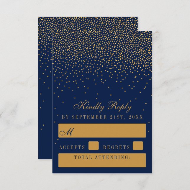 Navy Blue & Glam Gold Confetti Wedding RSVP Card (Front/Back)