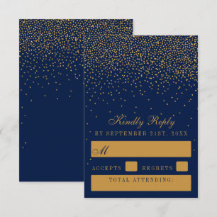 Navy Blue & Glam Gold Confetti Wedding RSVP Card