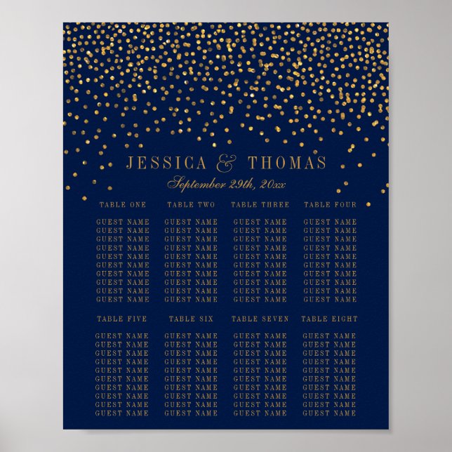 Navy Blue & Glam Gold Confetti Wedding Seating Poster (Front)