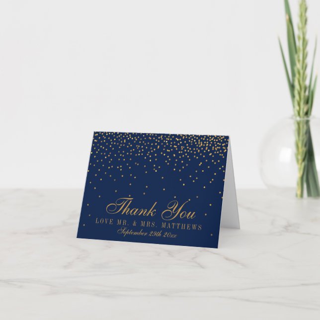 Navy Blue & Glam Gold Confetti Wedding Thank You (Front)