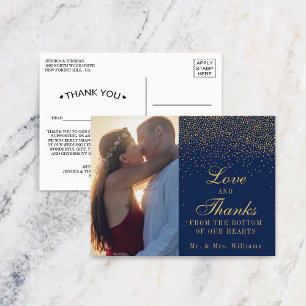 Navy Blue & Glam Gold Confetti Wedding Thank You Postcard