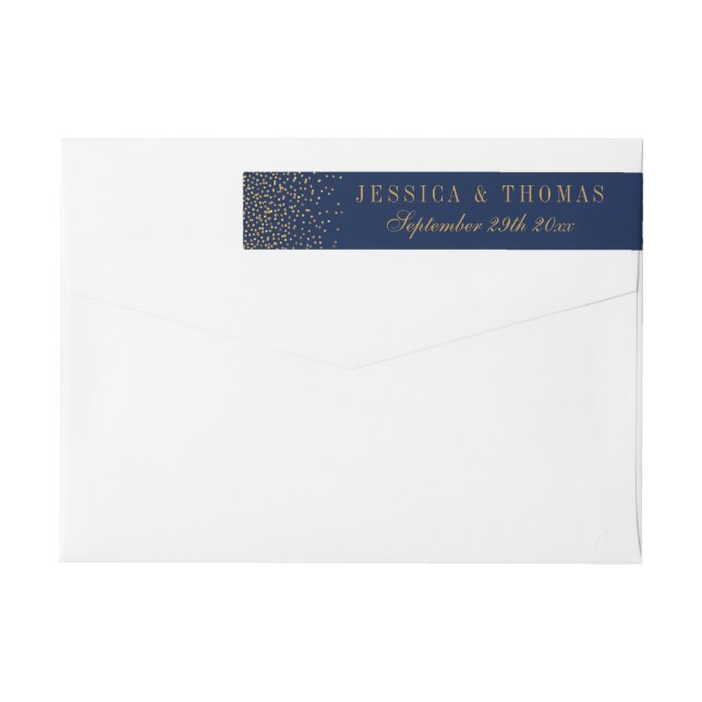 Navy Blue & Glam Gold Confetti Wedding Wrap Around Label (Back)