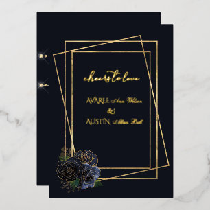 Navy Blue Glam Roses and Black and Gold Foil