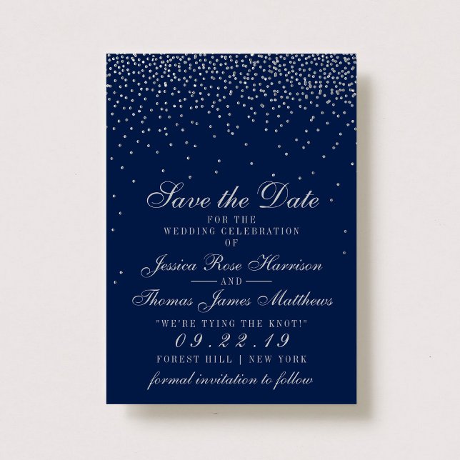 Navy Blue & Glam Silver Confetti Save The Date (Creator Uploaded)