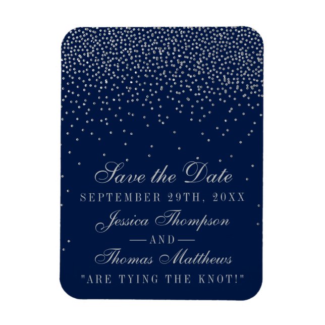 Navy Blue & Glam Silver Confetti Save The Date Magnet (Vertical)