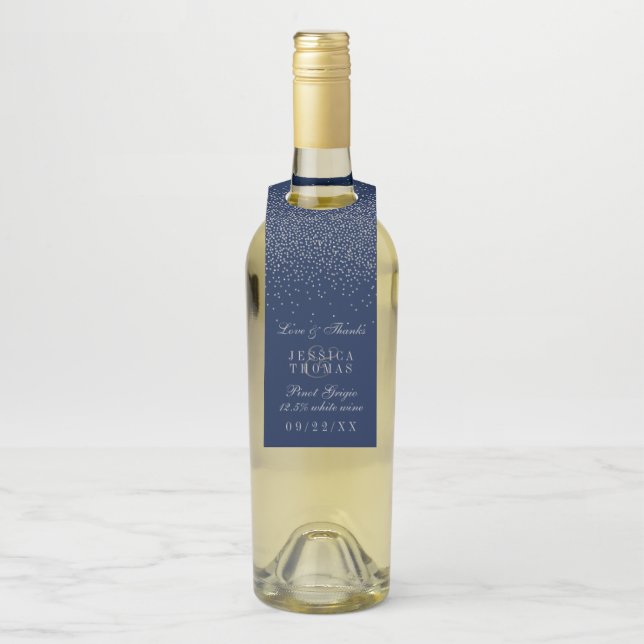 Navy Blue & Glam Silver Confetti Wedding Bottle Tag (On Bottle)