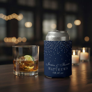 Navy Blue & Glam Silver Confetti Wedding Can Cooler