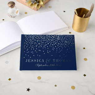 Navy Blue & Glam Silver Confetti Wedding Guest Book