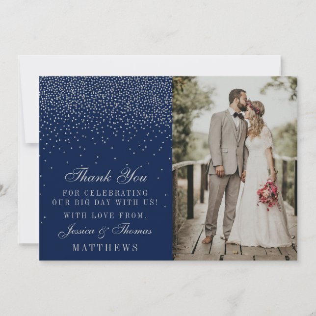 Navy Blue & Glam Silver Confetti Wedding Photo Thank You Card (Front)
