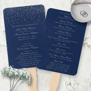 Navy Blue & Glam Silver Confetti Wedding Program Hand Fan