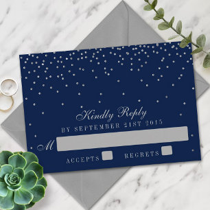 Navy Blue & Glam Silver Confetti Wedding RSVP Card